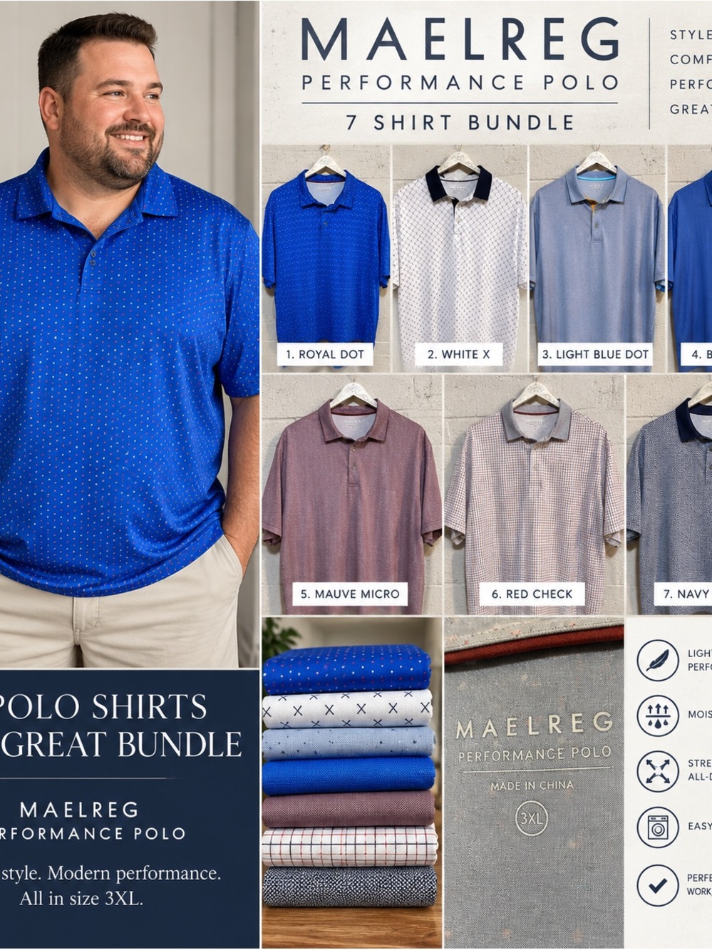 Maelreg Men’s Royal Blue Performance Polo - 3XL